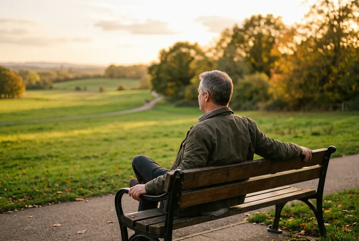 Mężczyzna siedzący na ławce w parku o zachodzie słońca - spokój i refleksja po leczeniu uzależnienia